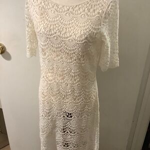 Lauren Ralph Lauren white crochet short sleeve, scoop neck, A-line dress, size M